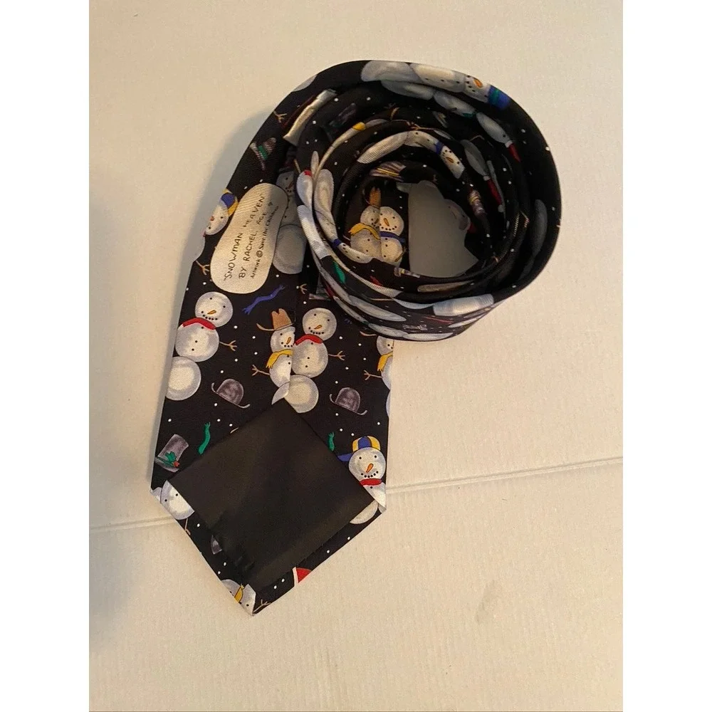 Save the Children Silk Tie Snowman Heaven Christmas Holiday Black Necktie